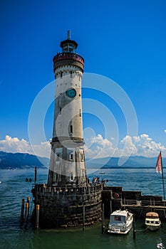 Lighthouse at the harbor entrance in Lindau at Lake Constance Bavaria Germany