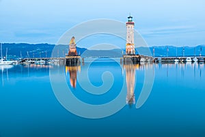 Lighthouse at harbour in Lindau, Lake Constance in Germany. Bodensee
