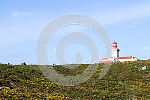 Lighthouse on a hill at Cabo da Roca in Cascais, Portugal