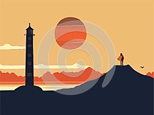 lighthouse, hill, sunset and cloudy in the sky photo