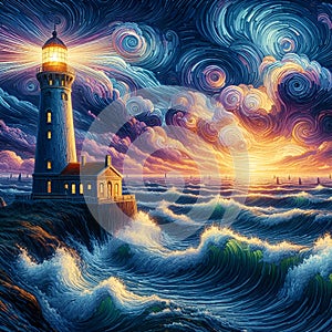 A lighthouse with hokusai waves, huricane winds, seashore, stormy at night, twilight sky, painting art, Van Gogh style