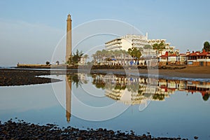 Lighthouse,hotels mirror in water-Gran Canaria