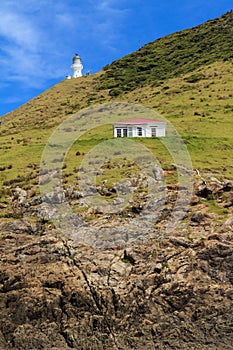 Lighthouse and hut over sheer cliffs, Cape Brett, New Zealand