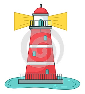 Lighthouse icon isolated at white, navigation building for ships, cartoon vector red lighthouse