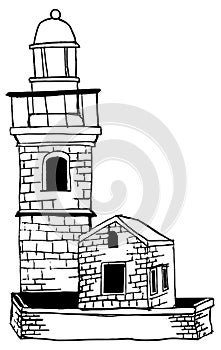 Lighthouse illustration in black and white