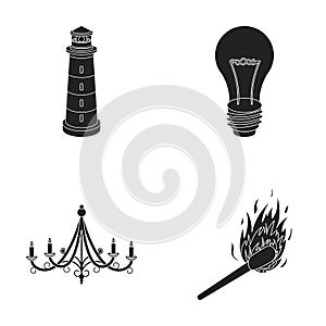 A lighthouse, an incandescent lamp, a chandelier with candles, a burning match.Light source set collection icons in