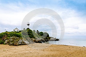 Lighthouse on Inishowen peninsula in North Ireland. Beautiful Wild Atlantic Way with typical irish landscapes, coastline