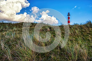 Lighthouse on island of Ameland with blue sky, The Netherlands
