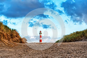 Lighthouse on island of Ameland with blue sky, The Netherlands