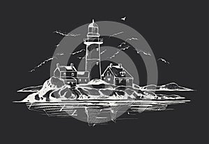 Lighthouse on the island. Hand drawn vector illustration. Isolated on black background