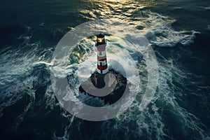 A lighthouse on an island in the middle of a rough sea. Lighthouse and waves. Symbol of hope, waiting.