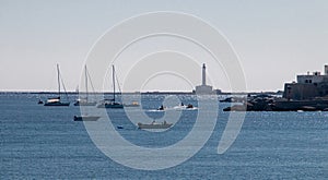 Lighthouse on the Island of Sant\'Andrea from the Galileo Galilei promenade in Gallipoli, Italy.