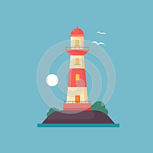 Lighthouse on island and sea in flat style