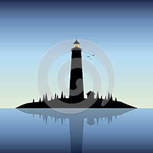 lighthouse on the island silhouette seascape at blue sky sunset