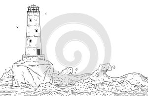 Lighthouse on island among stormy sea waves. Seascape with signal tower searchlight and water for banner design. Vector