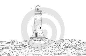 Lighthouse on island among stormy sea waves. Seascape with signal tower searchlight and water for banner design. Vector