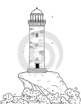 Lighthouse on island among stormy sea waves. Seascape with signal tower searchlight and water for banner design. Vector