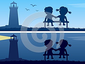 Lighthouse and Kids Silhouettes