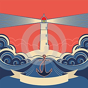 Lighthouse label with anchor and blue sea waves