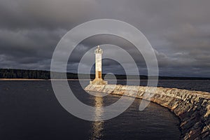 Lighthouse on Lake Ladoga at dawn.