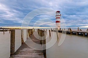 Lighthouse at Lake Neusiedl at sunset