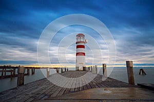 Lighthouse at Lake Neusiedl at sunset