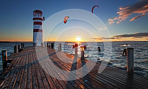 Lighthouse at Lake Neusiedl at sunset