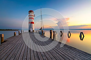 Lighthouse at Lake Neusiedl at sunset near Podersdorf, Burgenland, Austria