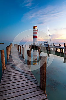 Lighthouse at Lake Neusiedl at sunset near Podersdorf, Burgenland, Austria