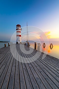 Lighthouse at Lake Neusiedl at sunset near Podersdorf, Burgenland, Austria