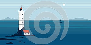 Lighthouse landscape. Cartoon lighthouse silhouette on beach, navigation nautical coastal lighthouse building on coast