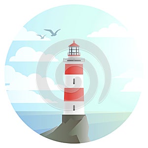 Lighthouse with landscape in round icon