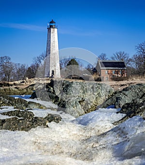 Lighthouse at Lighthouse Point Park in Connecticut in Winter