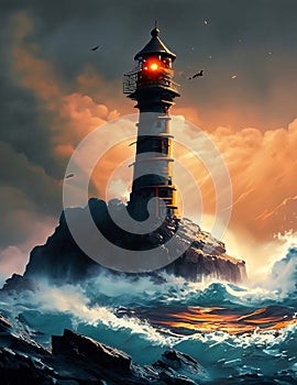 Lighthouse during a lightning storm at sea. Thunderstorm in the sea. Waves crash on rocky shores and rocks. Fantasy