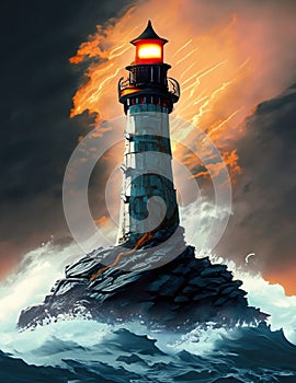 Lighthouse during a lightning storm at sea. Thunderstorm in the sea. Waves crash on rocky shores and rocks. Fantasy