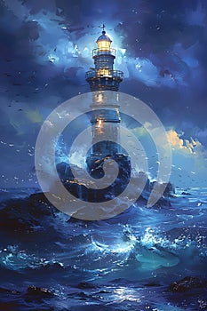 a lighthouse is lit up in the middle of the ocean at night