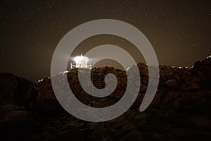 Lighthouse located on the rocky shore of the Baltic Sea. Sweden. night landscape, long shutter speed