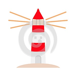 Lighthouse logo icon. Path lighting. Light house shining. Red white building. Sea ocean tower maritime architecture. Flat design.