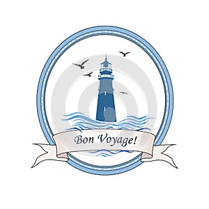 Lighthouse logo. Nautical icon with lighthouse, ocean waves, gull birds. Travel voyage card design