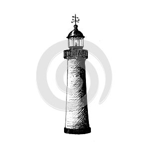 Lighthouse logo template design. illustration. beacon, sea-light, pike, light tower, guiding light, seamark. Ink pen sketch