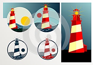 Lighthouse logo vector icon, beacon building in sea illustration