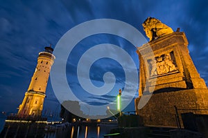 The lighthouse and the Lyon of the Lindau harbor