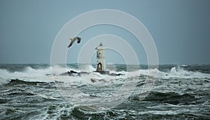 The lighthouse of the Mangiabarche shrouded by the waves of a mistral wind storm