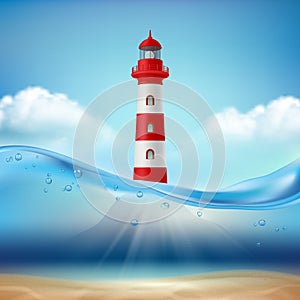 Lighthouse. Marine or ocean background water wave and light beam lamp for safe ship navigation vector realistic sea