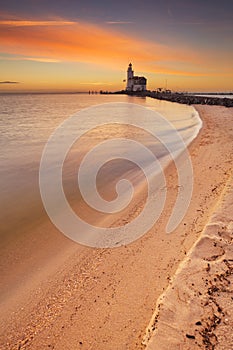 Lighthouse of Marken in The Netherlands at sunrise