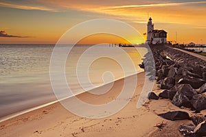 Lighthouse of Marken in The Netherlands at sunrise