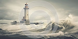 A lighthouse in the middle of a rough ocean, AI