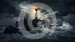 A lighthouse in the middle of a stormy ocean AI Generated