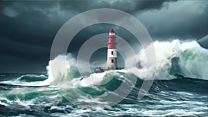 Lighthouse in the middle of a terrible storm, heavy rain and violent waves. in a island. sea waves