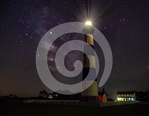 Lighthouse and Milky Way galaxy at night